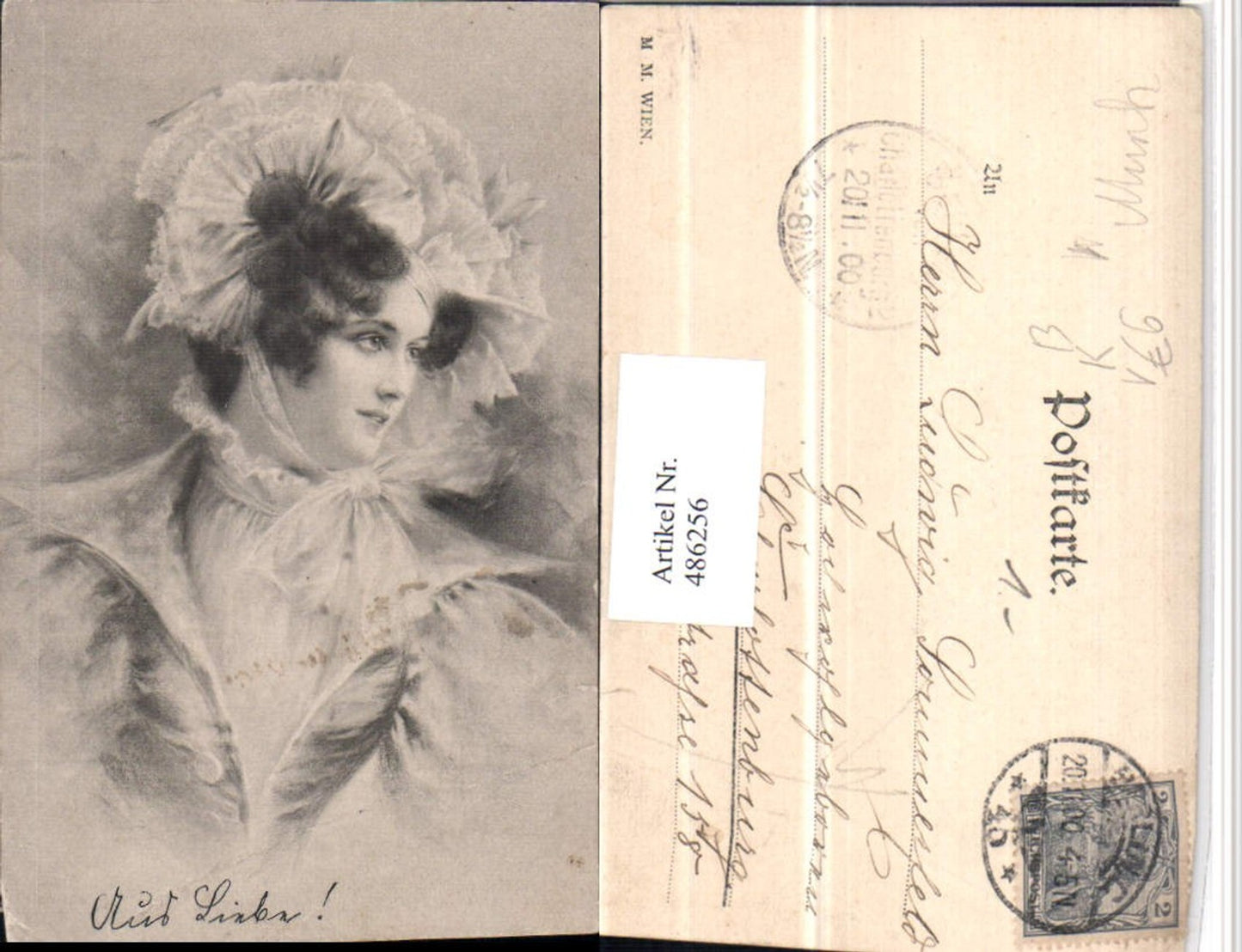 486256,M. Munk Vienne Künstlerkarte Frau Haube Portrait