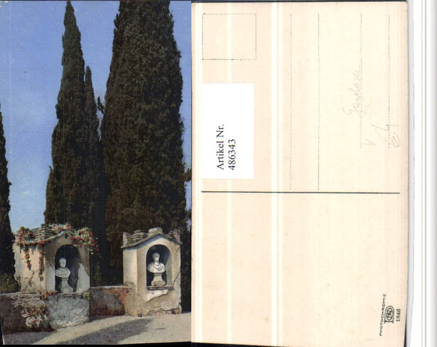 486343,Photochromie Nenke & Ostermaier 1846 Gardasee Büsten Zypressen