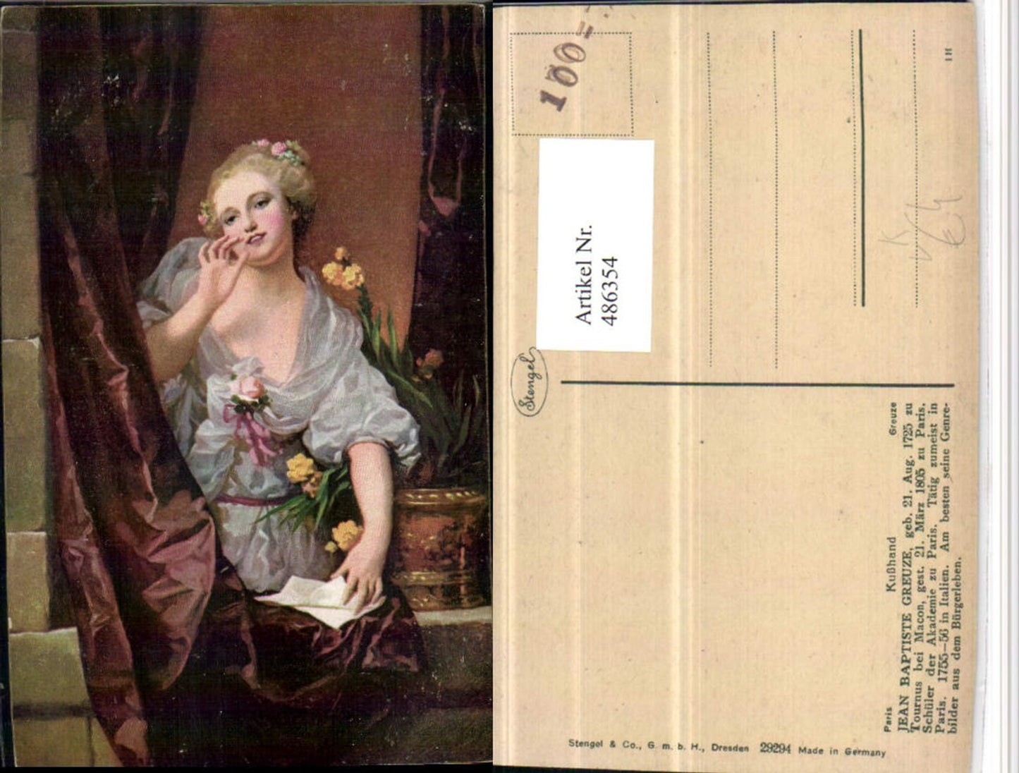 486354,Stengel Co 29294 Künstler Jean Baptiste Greuze Kusshand Frau