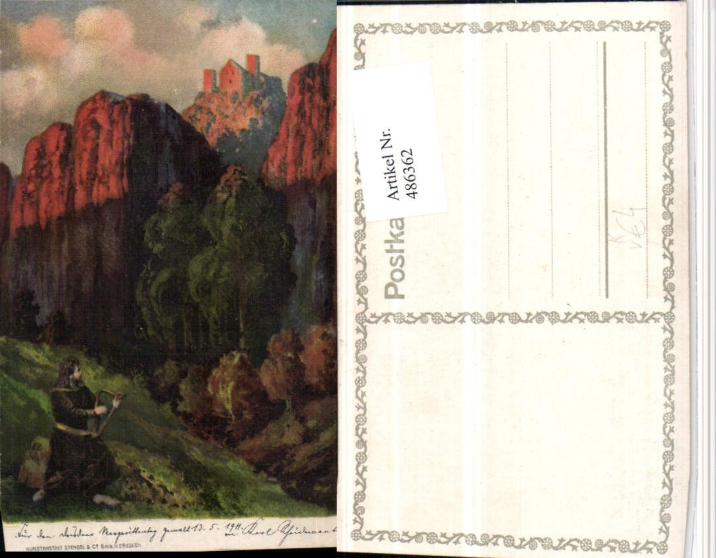 486362,Stengel Co Künstlerkarte Mann Handharfe Burg Felsen