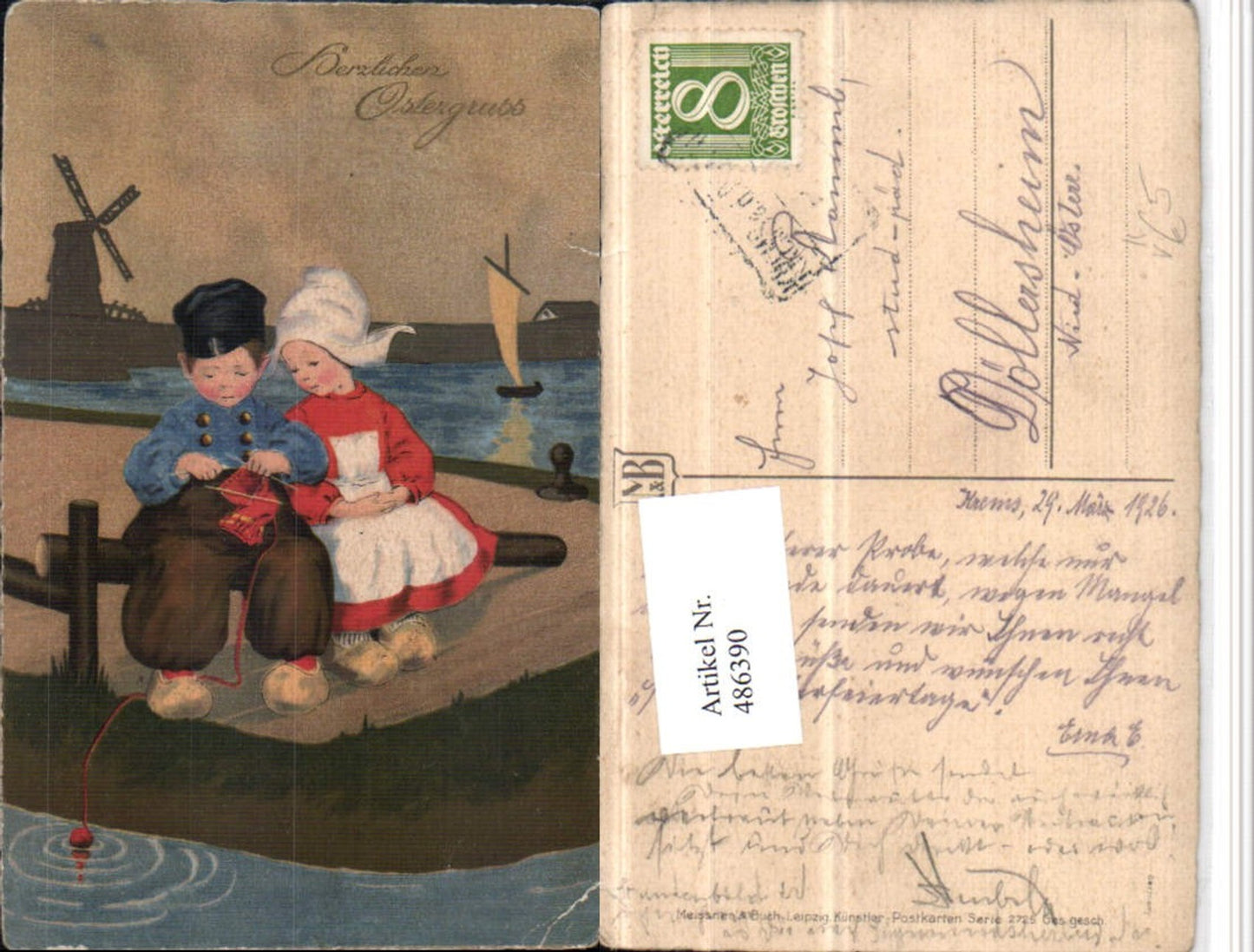486390,Meissner & Buch 2725 Künstlerkarte Ostern Holländische Kinder Stricken