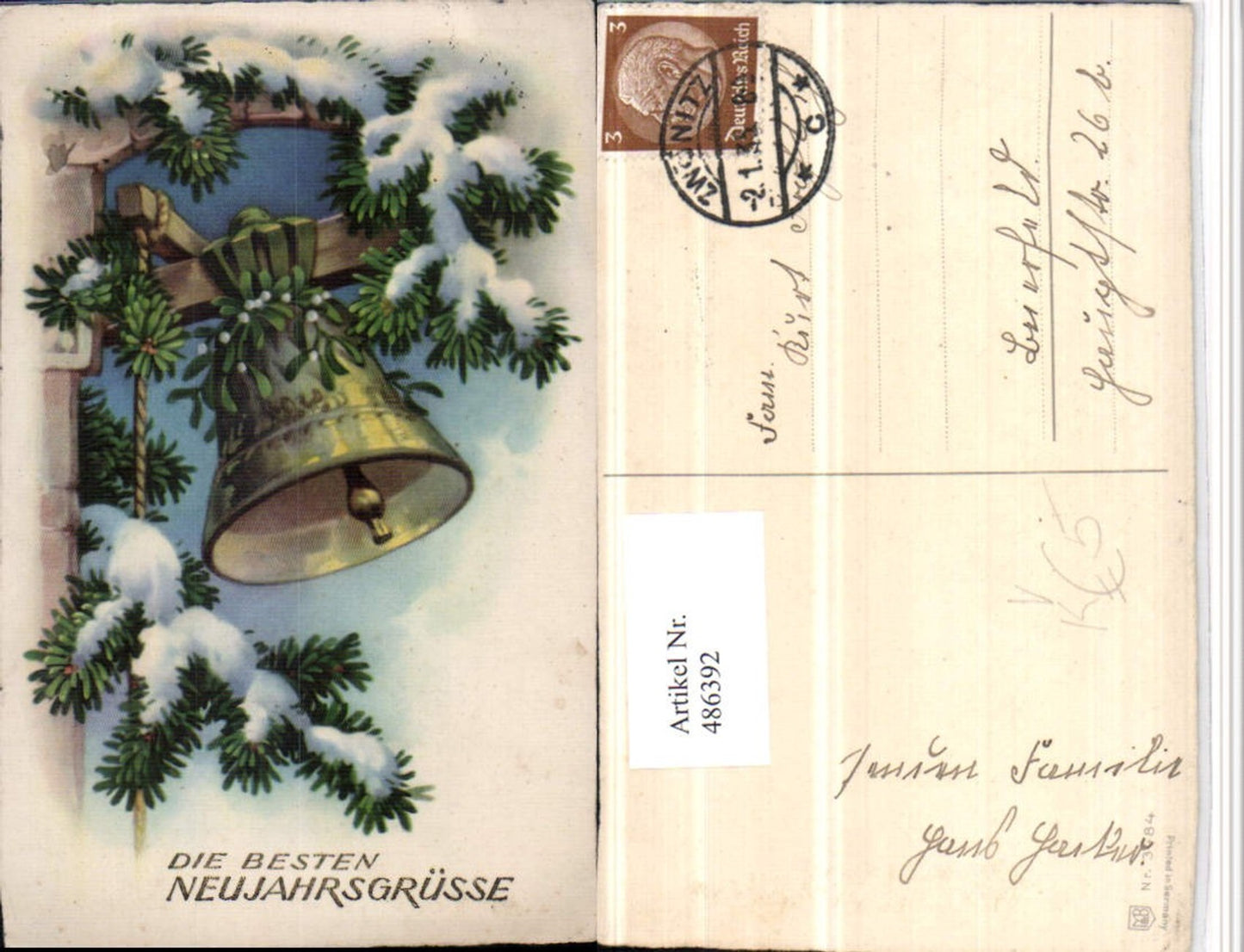 486392,Meissner & Buch 3484 Künstlerkarte Neujahr Glocke Zweige