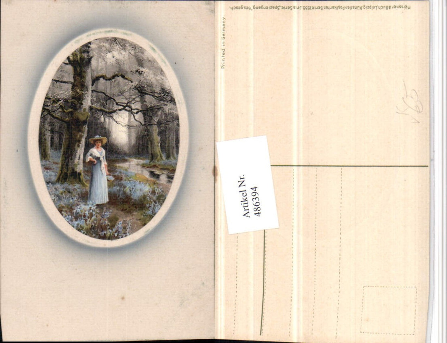 486394, Meissner & Buch 1555 Artist's card Stroll Woman Hat Forest Passepartout
