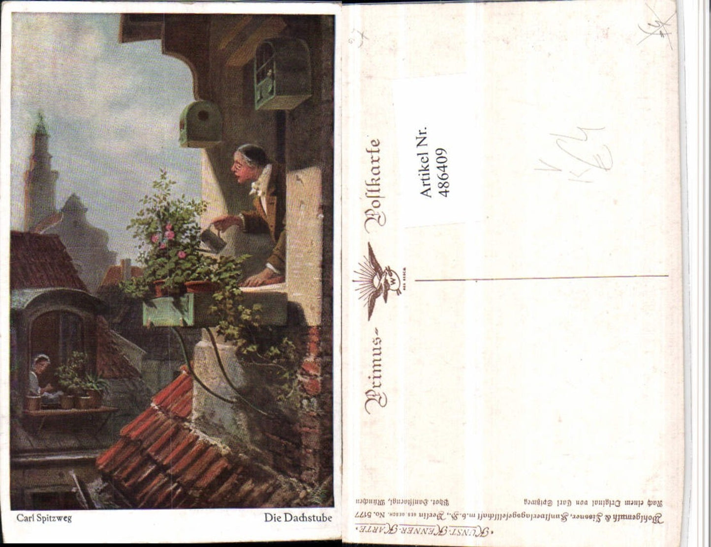 486409,Primus AK 5177 Künstler Carl Spitzweg Die Dachstube Balkon Blumen