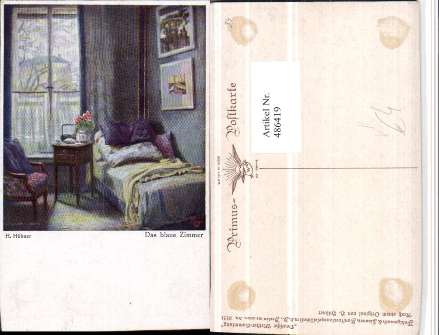 486419,Primus AK 3121 Künstler H. Hübner Das blaue Zimmer Bett Fenster
