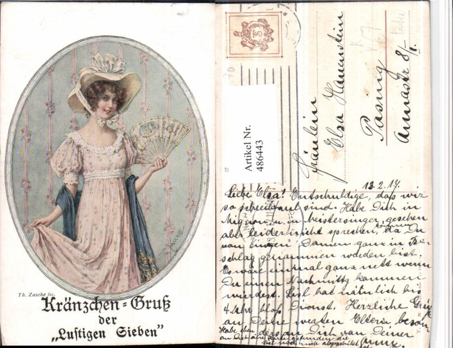 486443,Theo Stroefer 1386 Künstler Th. Zasche Frau Kleid Hut Fächer
