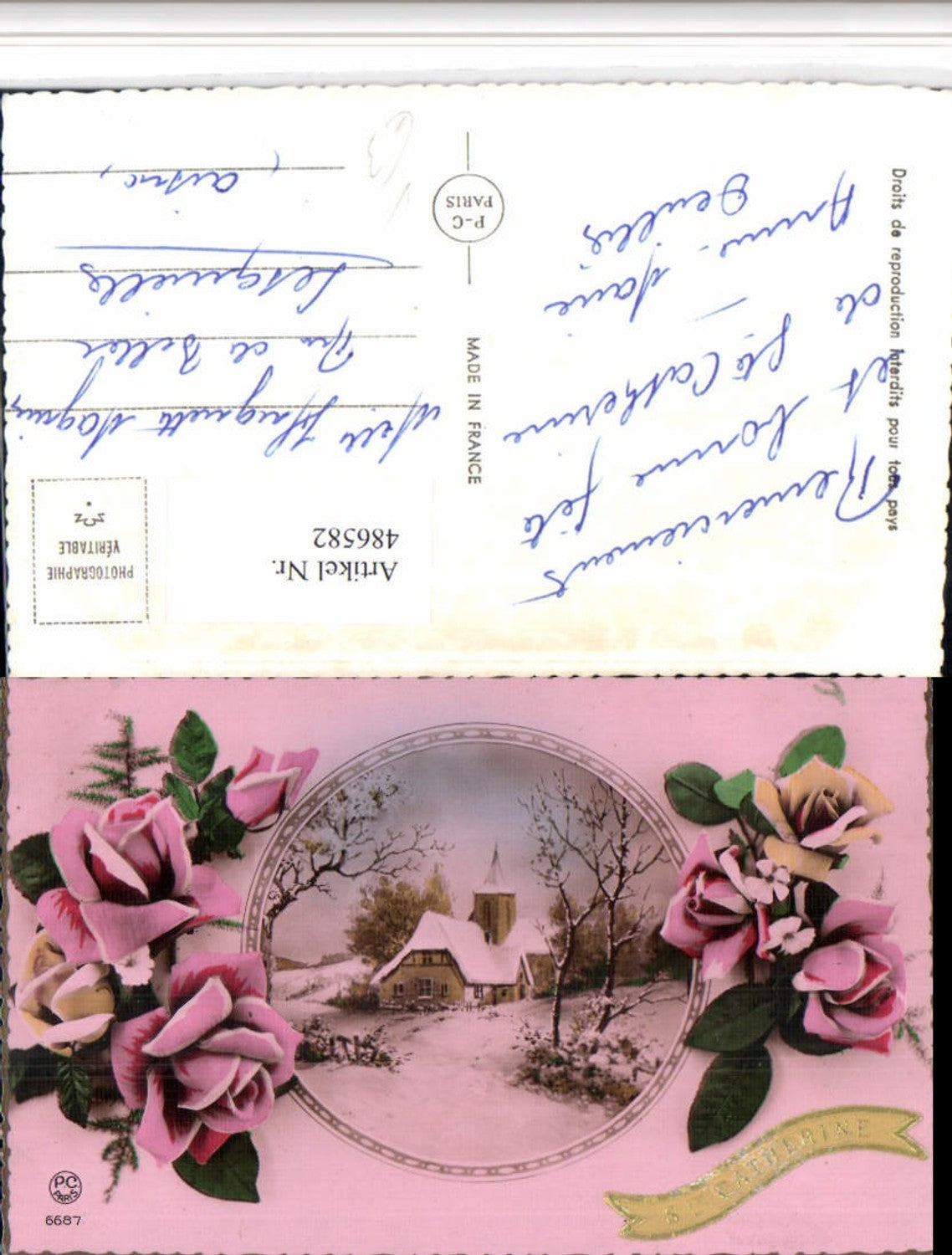 486582,P.C. Paris 6687 Ste Caterine Kirche Winterbild Passepartout Rosen
