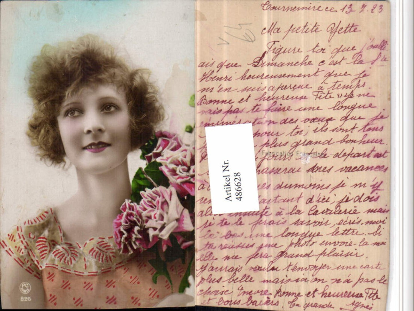 486628,P.C. Paris 826 Frau Portrait Rosen Blumen