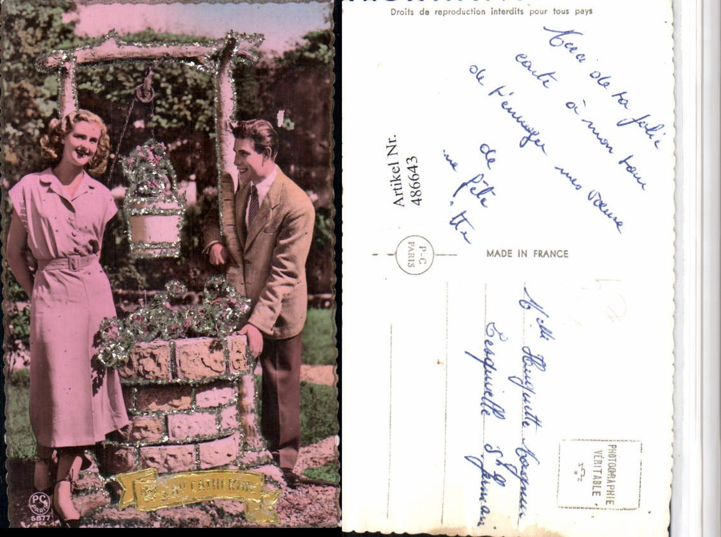 486643,P.C. Paris 6877 Glitzerkarte Ste Catherine Liebe Paar Brunnen