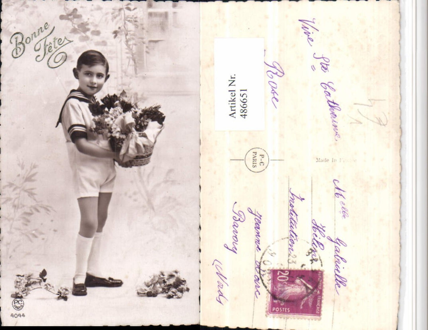 486651,P.C. Paris 4044 Bonne Fete Bub Junge Strümpfe Korb Blumen