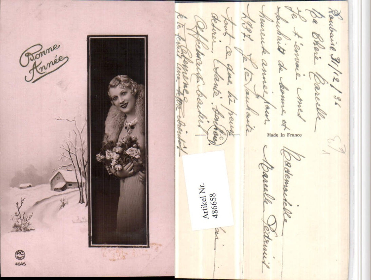 486658,P.C. Paris 4645 Frau Stola Kleid Blumen Passepartout Winterlandschaft