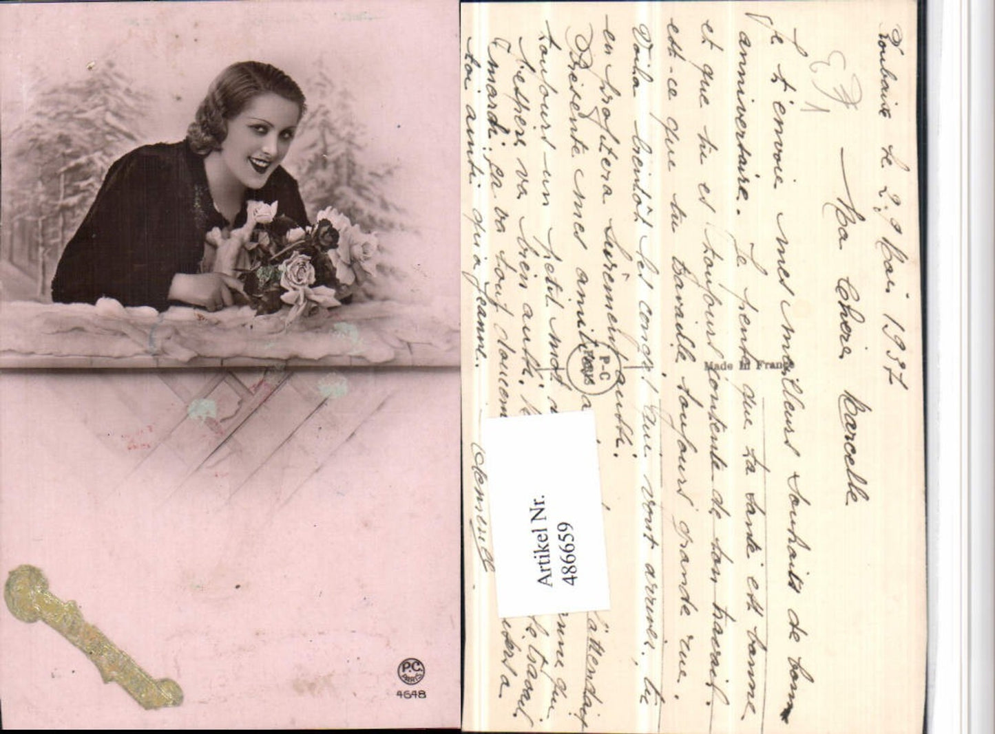486659,P.C. Paris 4648 Frau Mantel Rosenstrauß Rosen Blumen