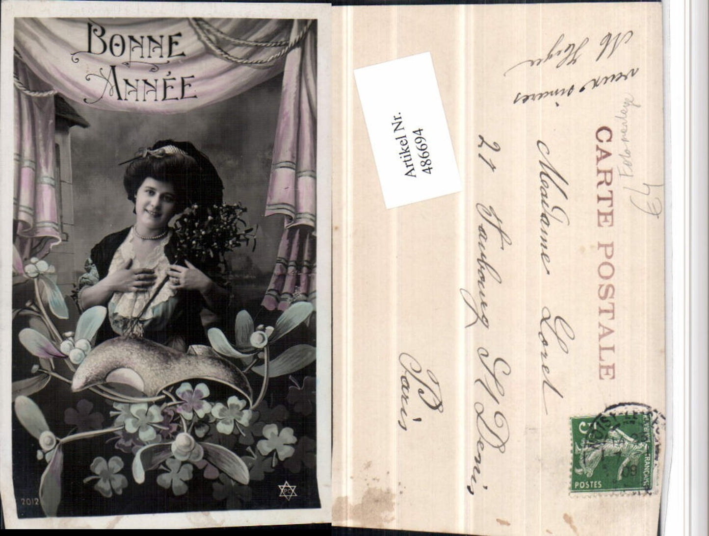 486694,Fotomontage Bonne Annee Frau m. Hut Kette Portrait Klee
