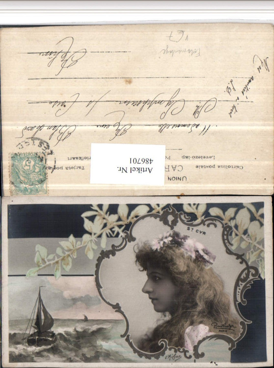 486701,Fotomontage Künstlerkarte Meer Boot Mädchen Portrait pub Reutlinger Paris