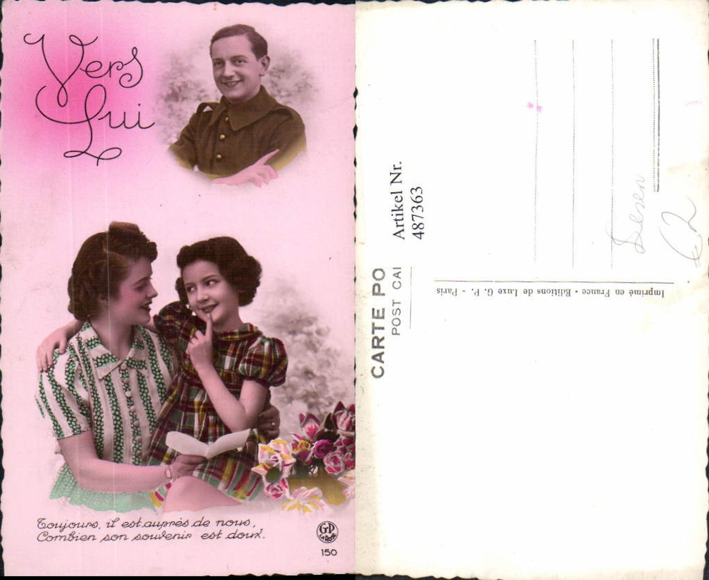 487363,Fotomontage Lesen Frau m. Mädchen Brief Soldat Blumen Rosen