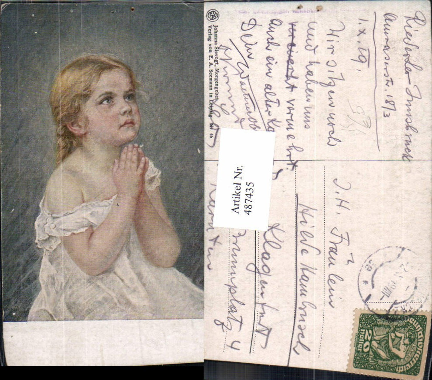 487435,Künstler Ak Johanna Slevogt Morgengebet Betendes Kind Zopf Religion pub E. A. Seemann 46