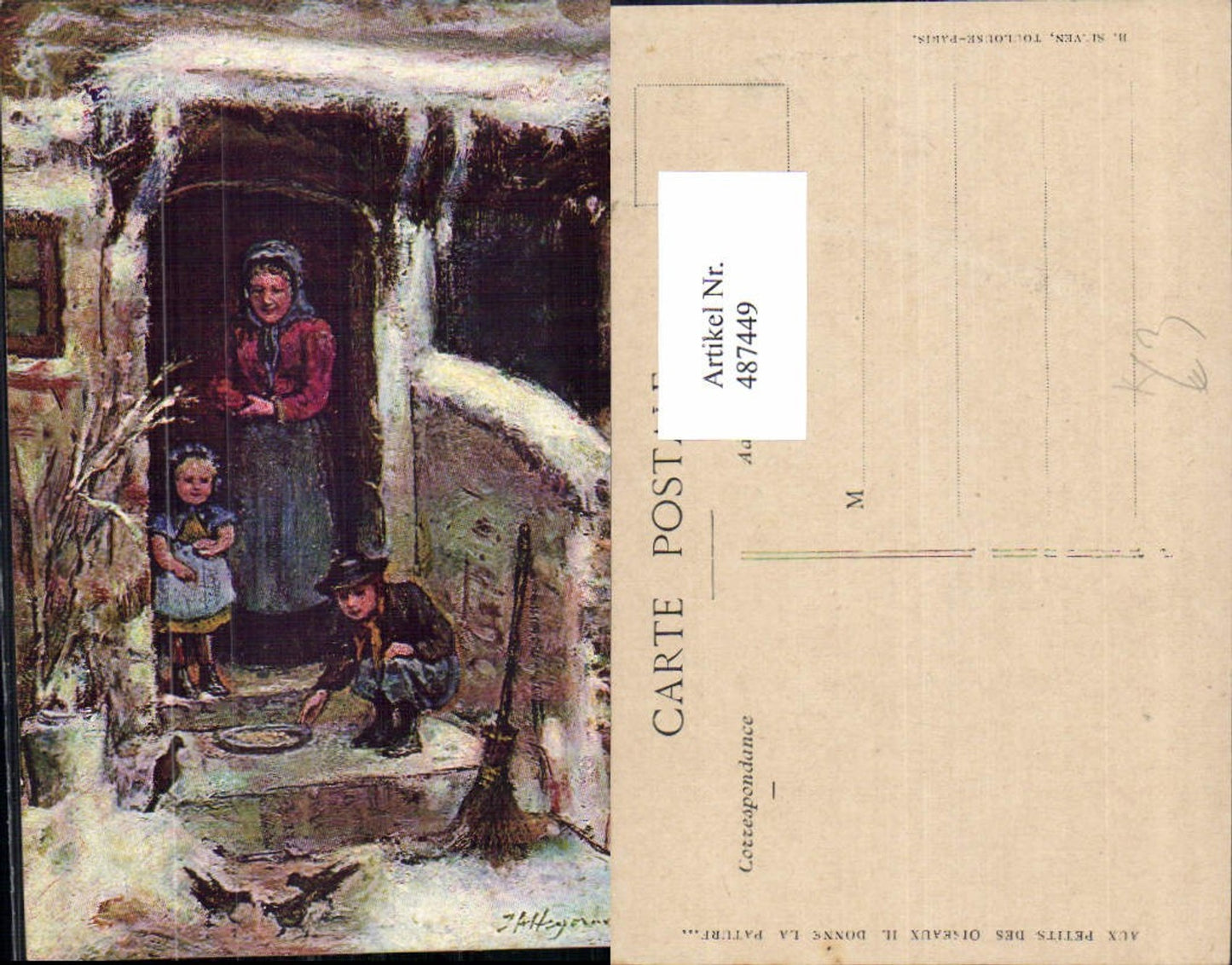 487449,Künstler Ak Kinder m. Mutter füttern Vögel Winter v. Haus