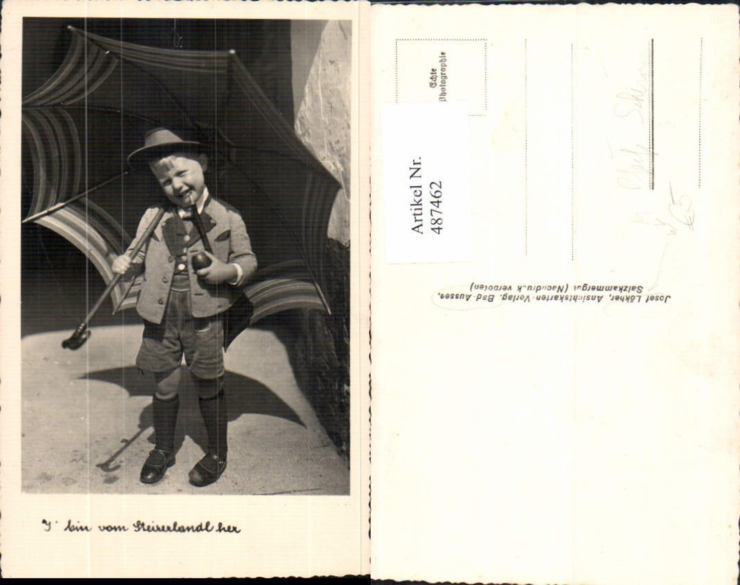 487462,Foto Ak Kind Bub Junge rauchen Anzug Hut Schirm Pfeife pub Josef Lökher Bad Aussee