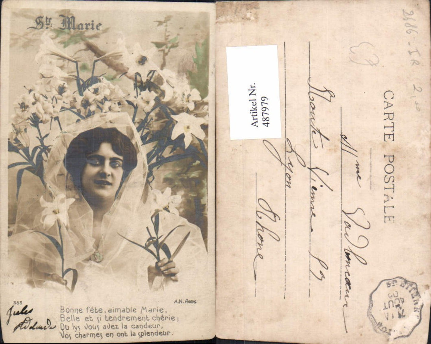 487979,Frau Portrait Blumen Lilien Ste Marie Text
