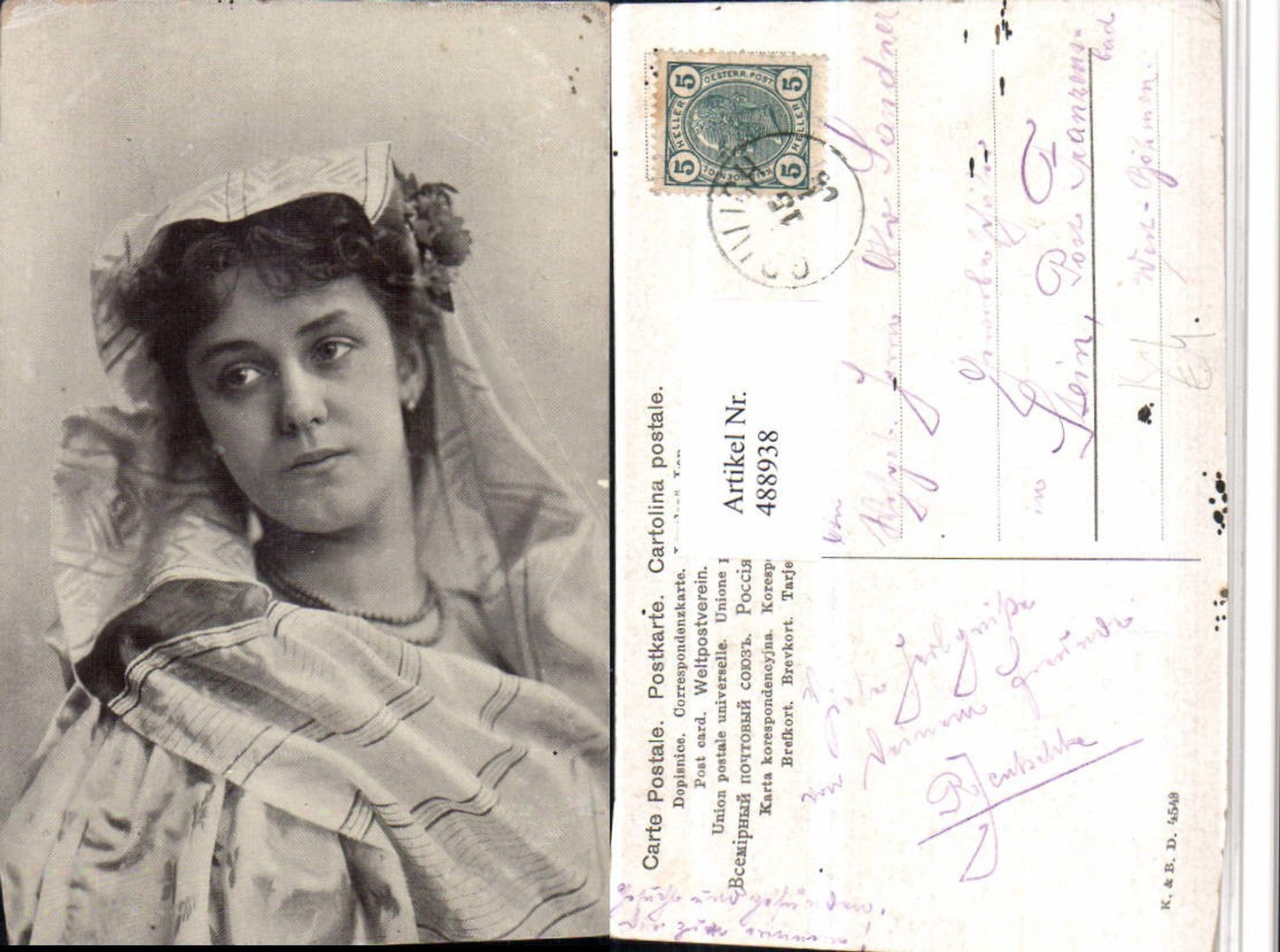 488938,Künstler AK Frau Kopftuch Kette Portrait