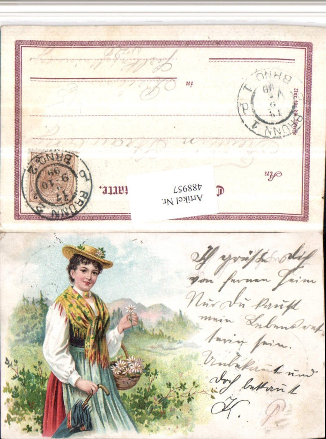 488957,Künstler Litho Frau m. Hut Schirm Tracht Blumen Edelweiß