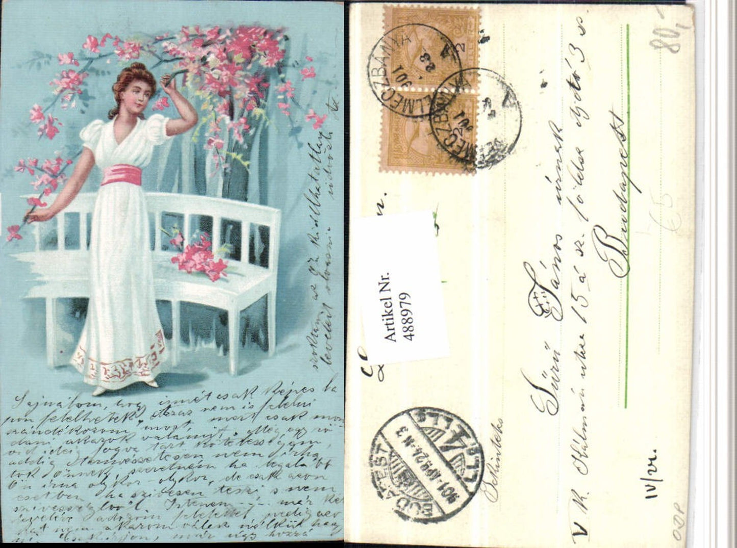 488979,Künstler Litho Frau Kleid Blüten Baum Bank
