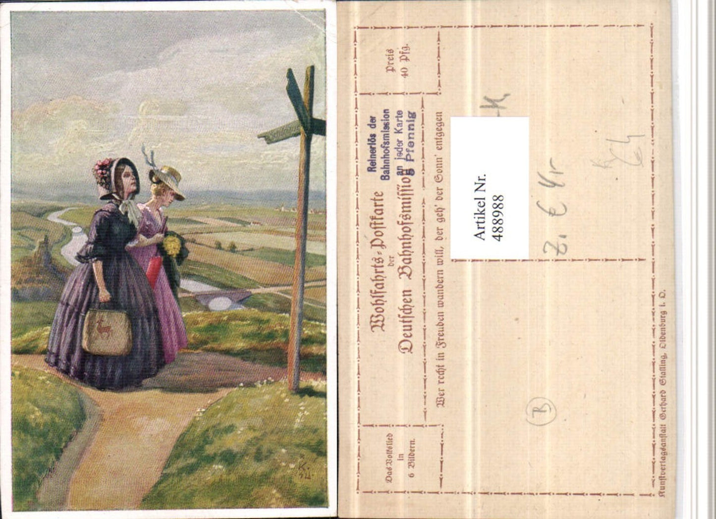 488988,Künstler AK Frauen Kleider Hut Tasche Wegkreuzung
