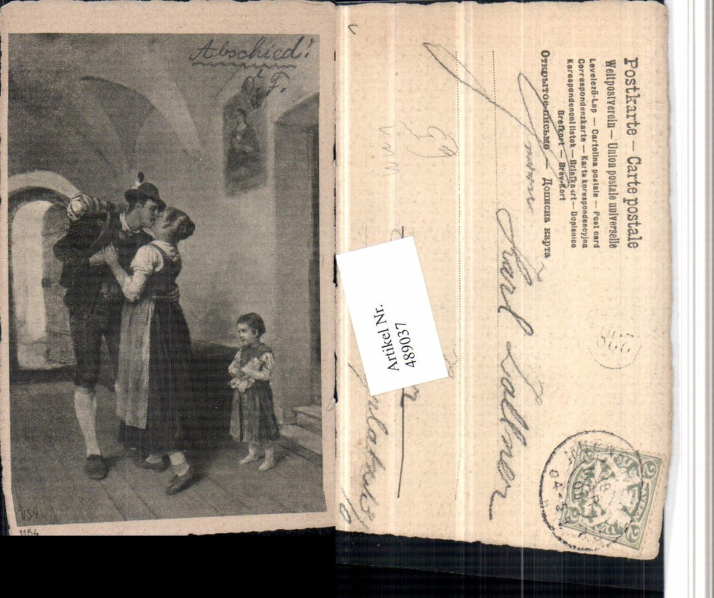 489037,Künstler AK WW1 Abschied Liebe Paar Kuss Tracht Kind
