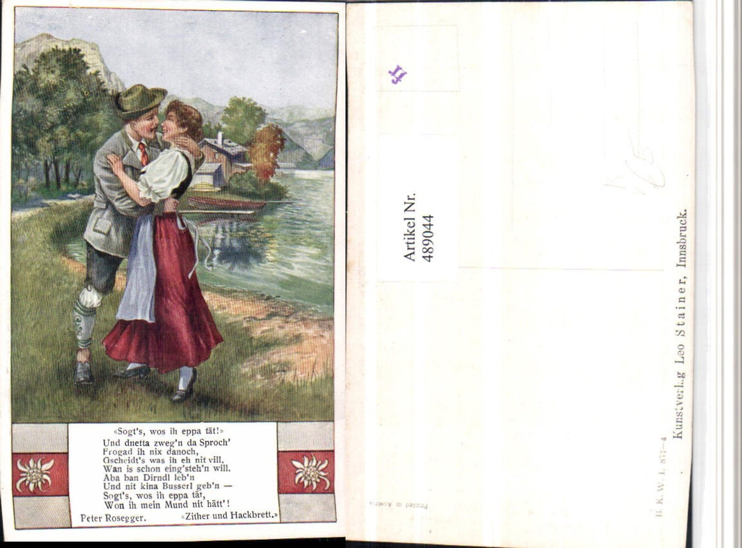489044,Künstler AK Liebe Paar Kuss Tracht Bergkulisse pub B.K.W.I. 877/4