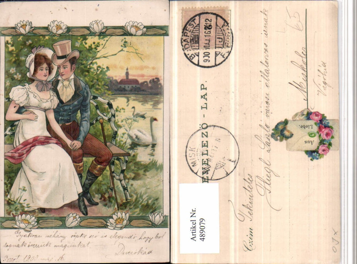 489079,Künstler Litho Liebe Paar Sitzbank Hüte Frau Kleid