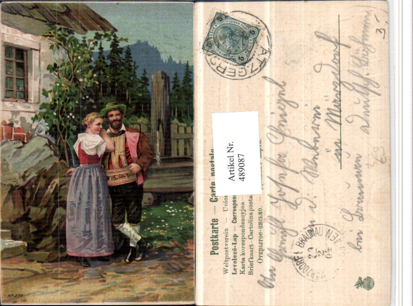 489087,Präge Künstler Litho Liebe Paar Tracht Brunnen