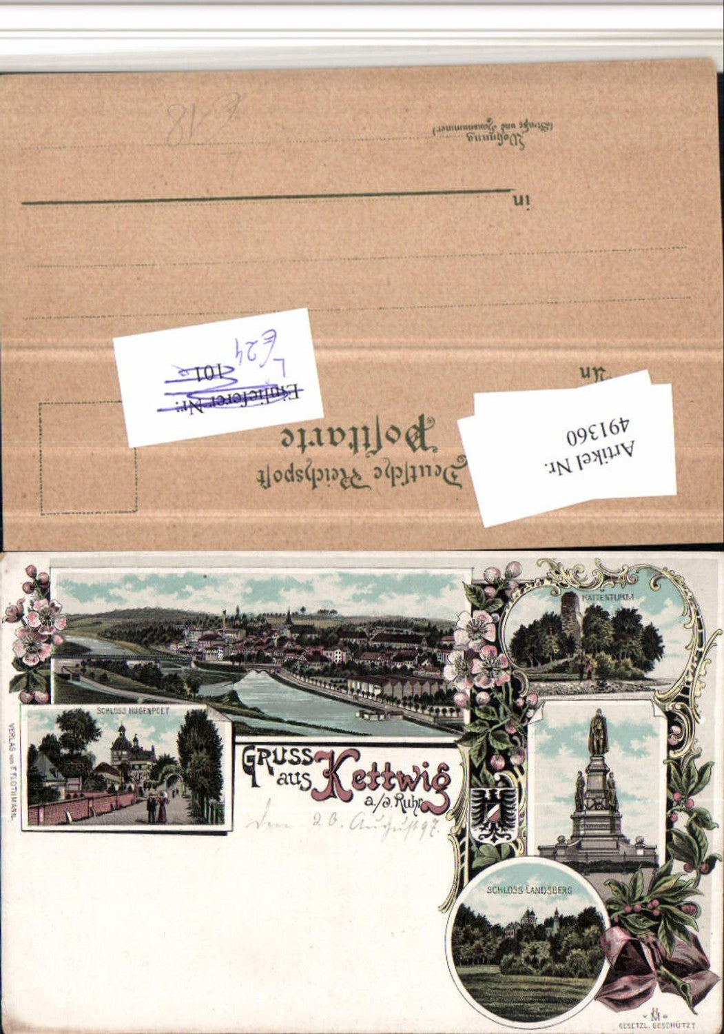 491360,Litho Gruß aus Kettwig b. Essen Totale Schloss Mehrbildkarte