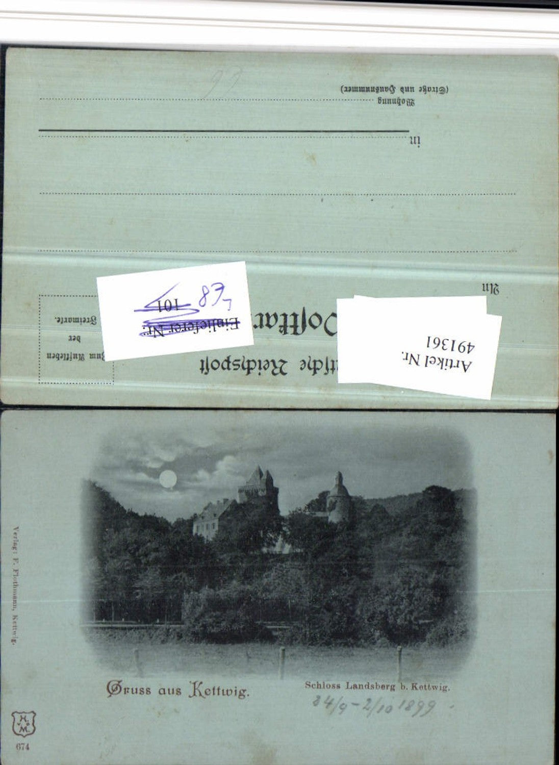 491361,Mond Litho Gruß aus Kettwig b. Essen Schloss Landsberg
