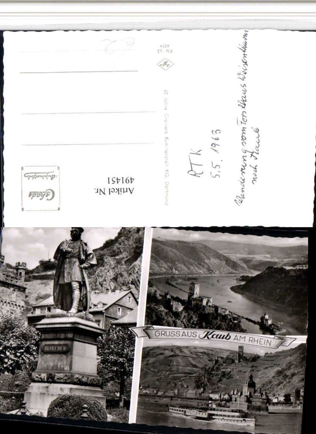 491451,Kaub am Rhein Totale Burg Blücher Denkmal Mehrbildkarte