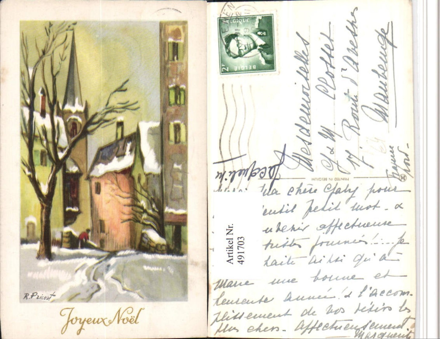 491703,Künstler AK R. Pricert Joyeux Noel Weihnachten Stadt Motiv