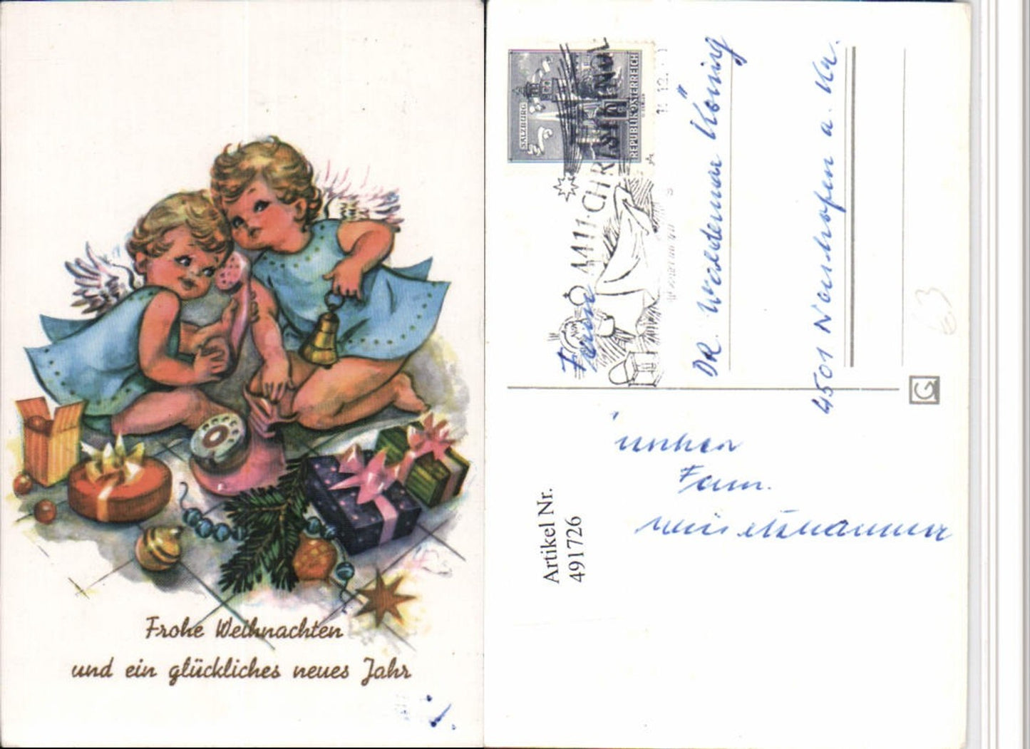 491726,Künstler AK Weihnachten Engeln Telefon Glocke Geschenke
