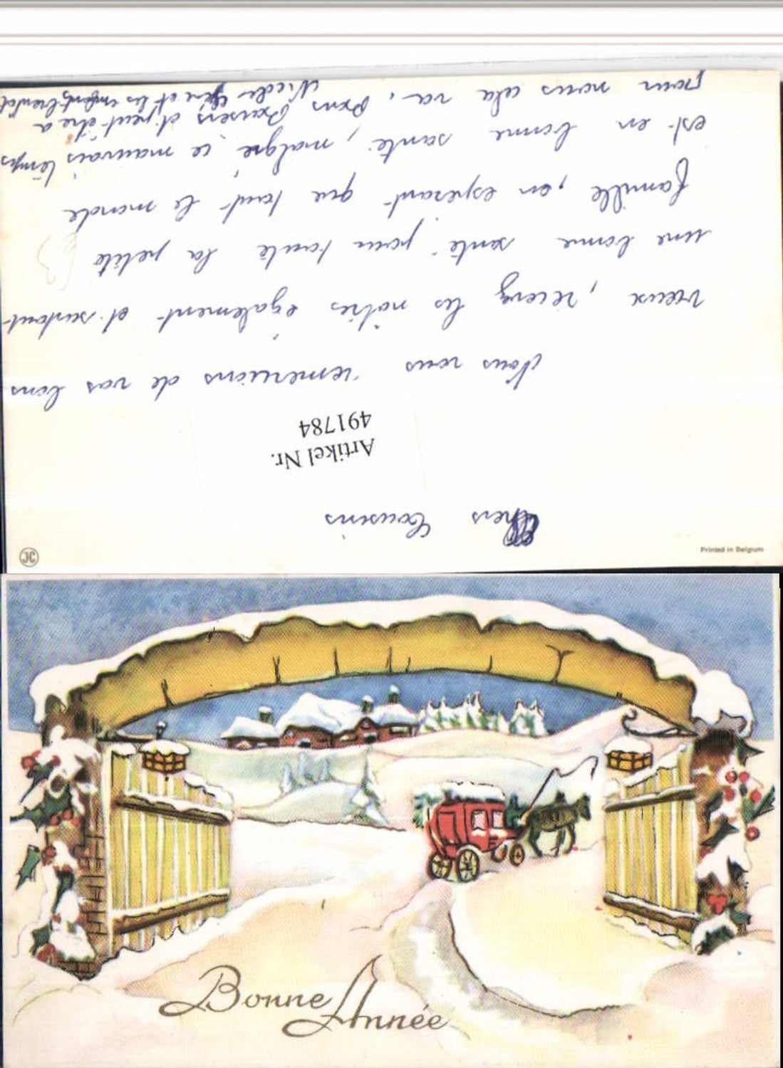 491784,Künstler AK Bonne Annee Neujahr Tor Kutsche Winterbild