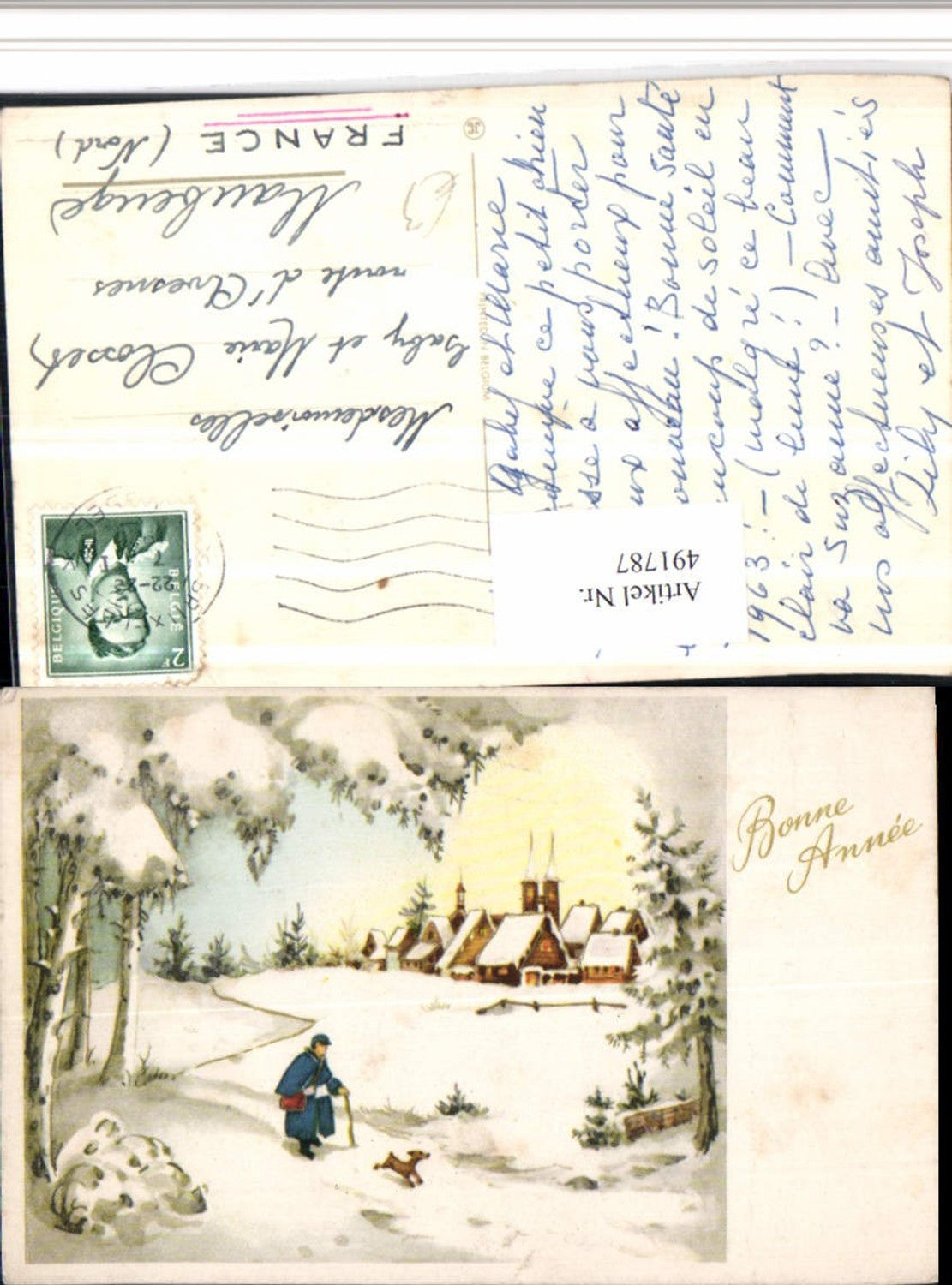 491787,Künstler AK Bonne Annee Neujahr Dorf Postbote Hund Winterbild