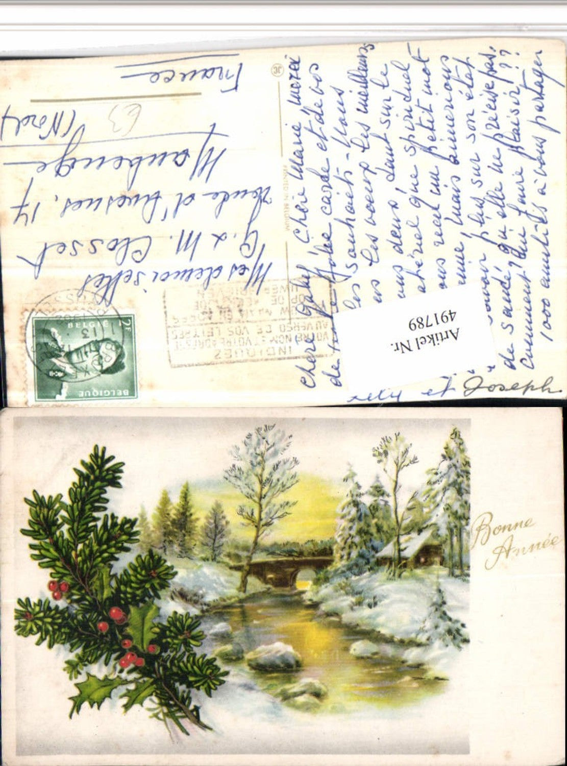 491789,Künstler AK Bonne Annee Winterlandschaft Brücke Zweige