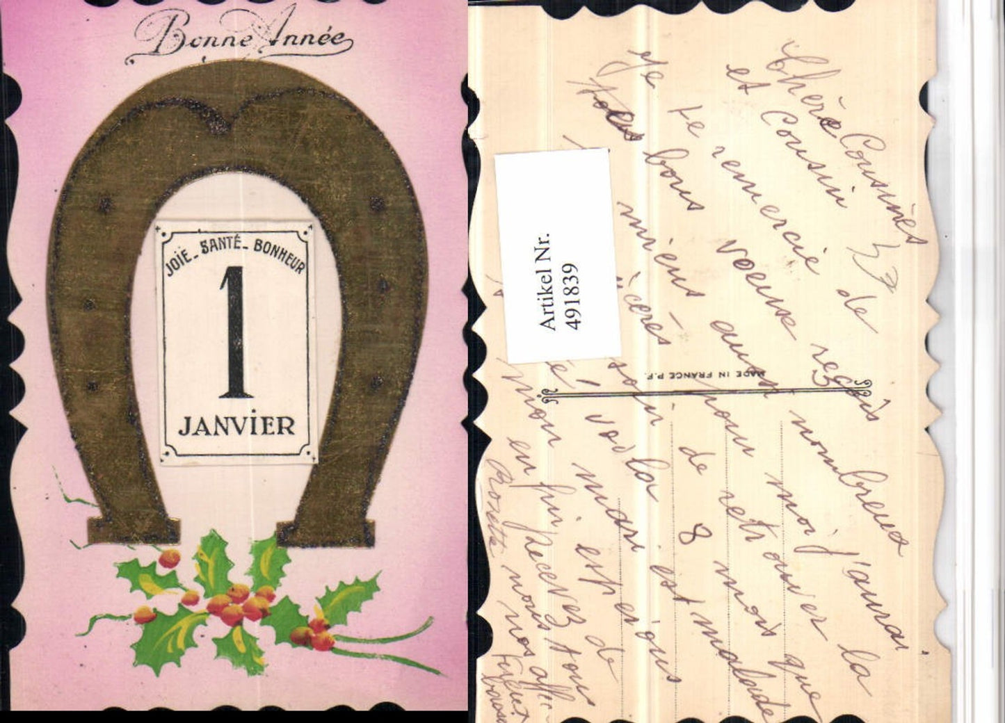 491839,Künstler AK Applikation Kalender Bonne Annee Neujahr Hufeisen