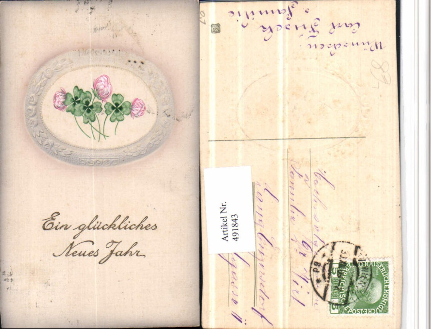 491843,Präge Künstler Litho Neujahr Klee Kleeblätter
