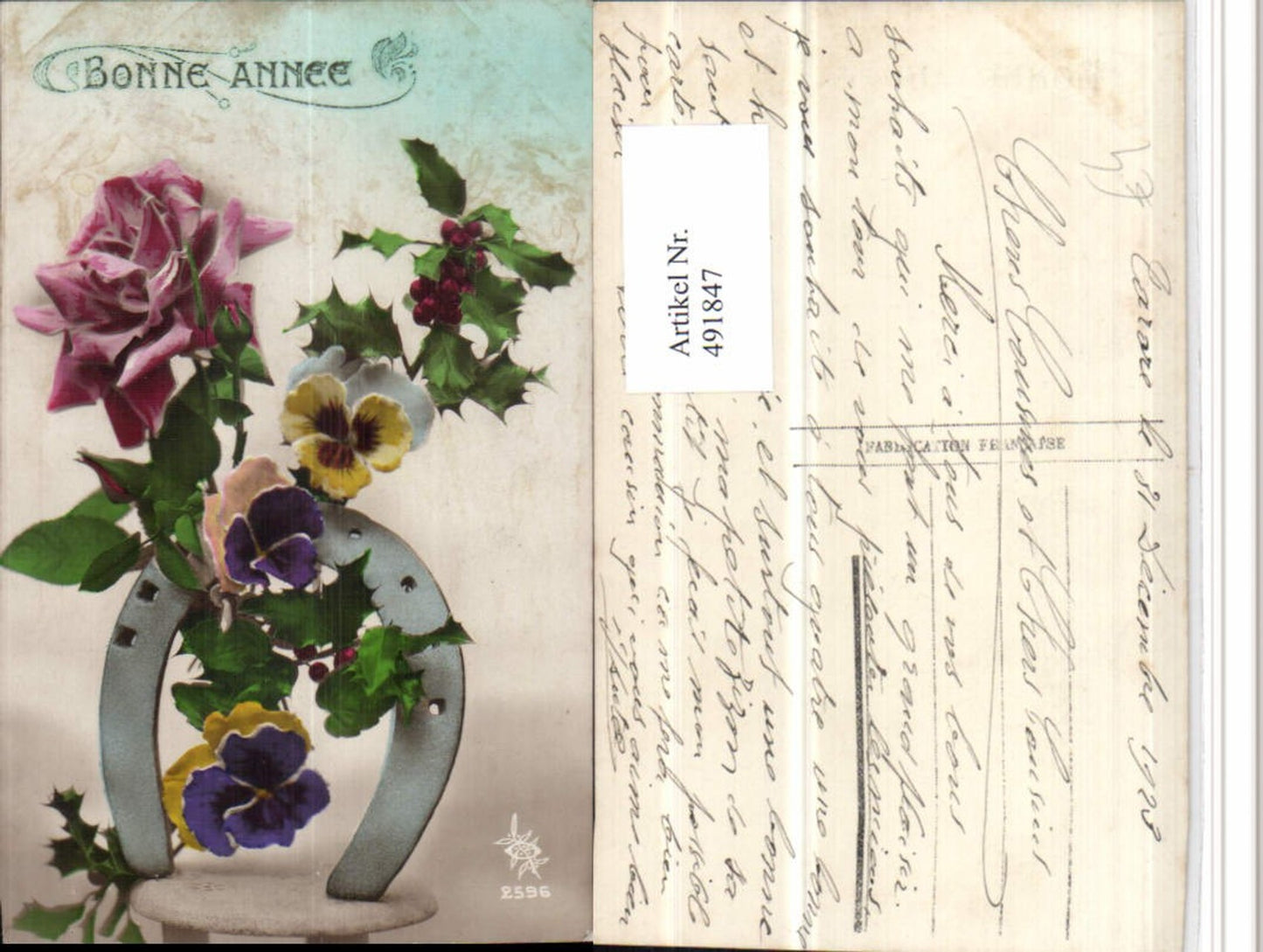 491847,Bonne Annee Neujahr Hufeisen Rose Stiefmütterchen Blumen