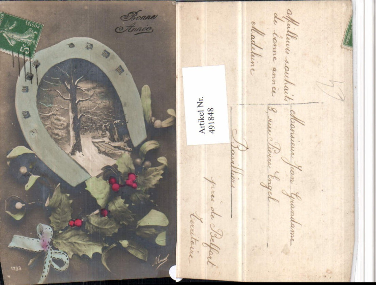 491848,Bonne Annee Neujahr Winterlandschaft Passepartout Hufeisen Zweige