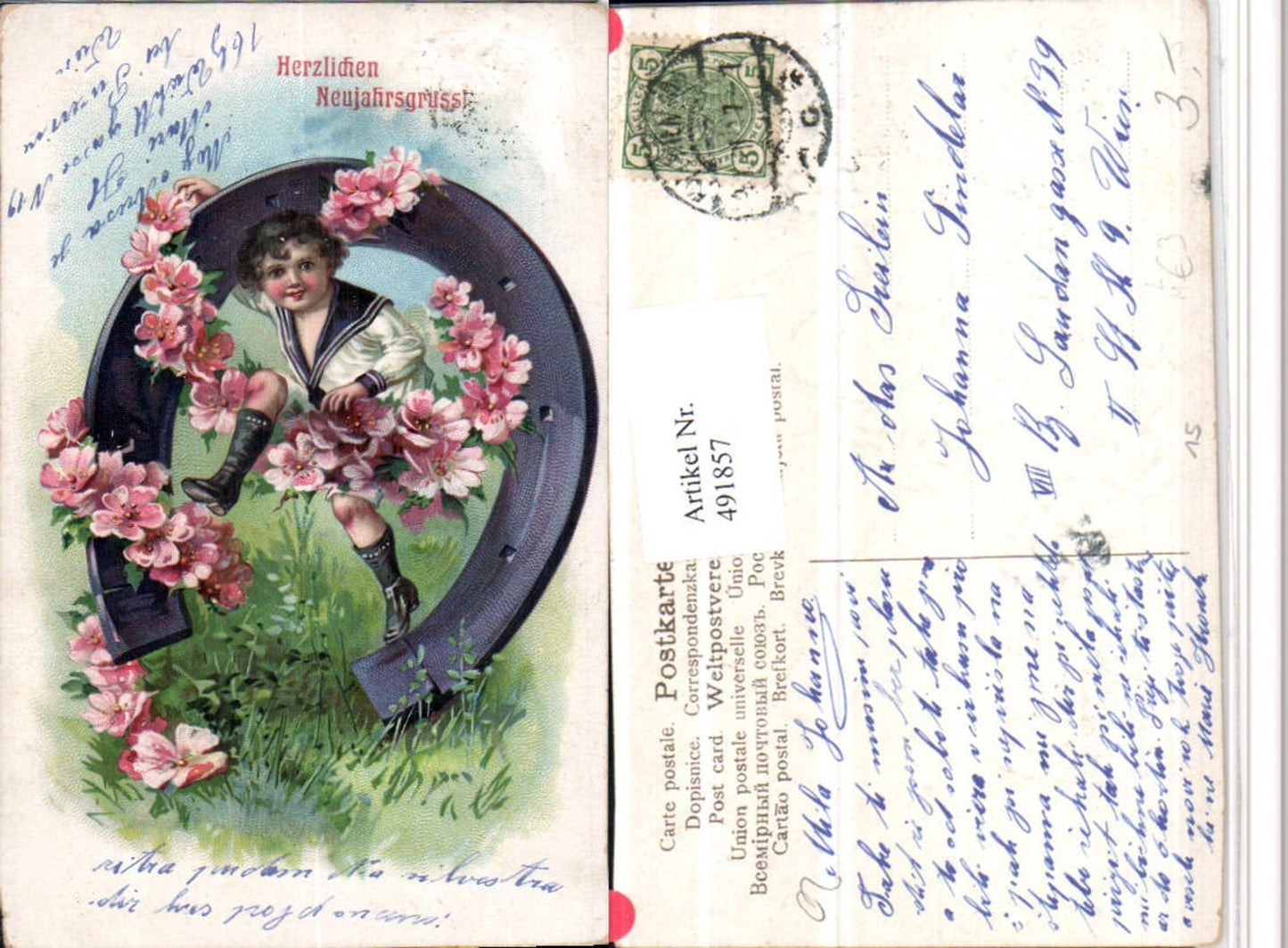 491857, Artist Lithograph New Year Boy Young Horseshoe Flowers