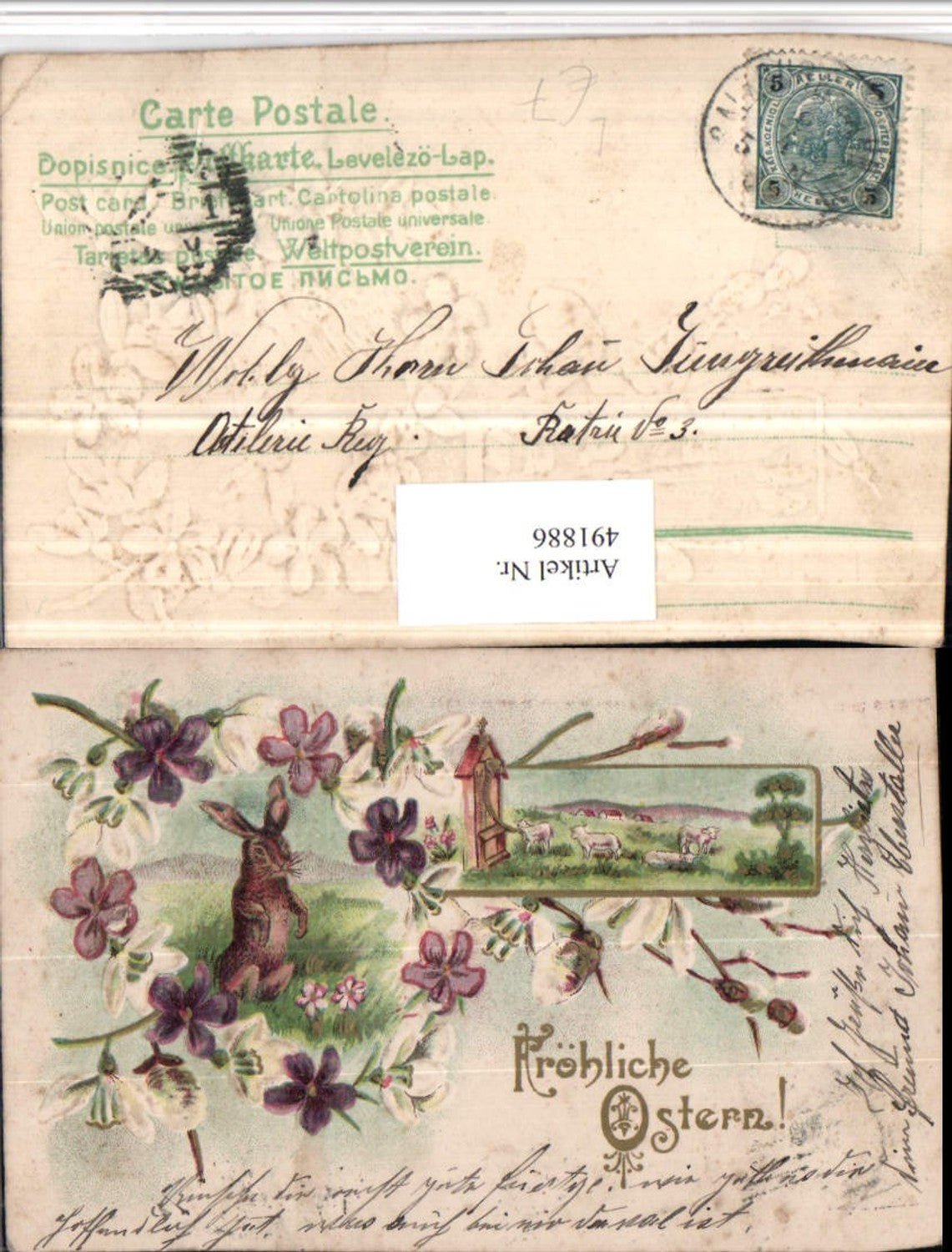 491886,Embossed Artist Lithograph Easter Landscape Rabbit Flowers