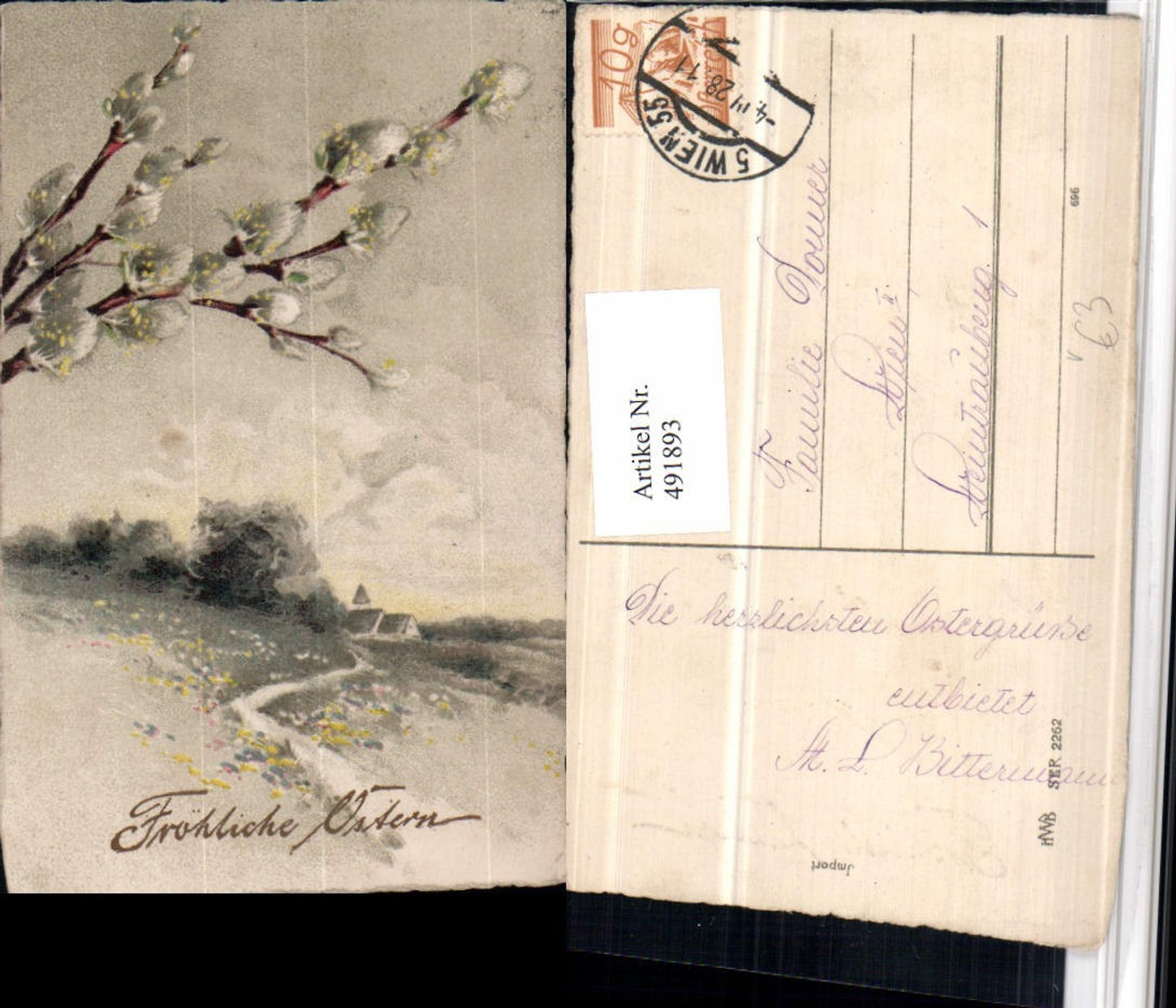 491893,Künstler AK Ostern Landschaft Palmkätzchen pub HWB 2262