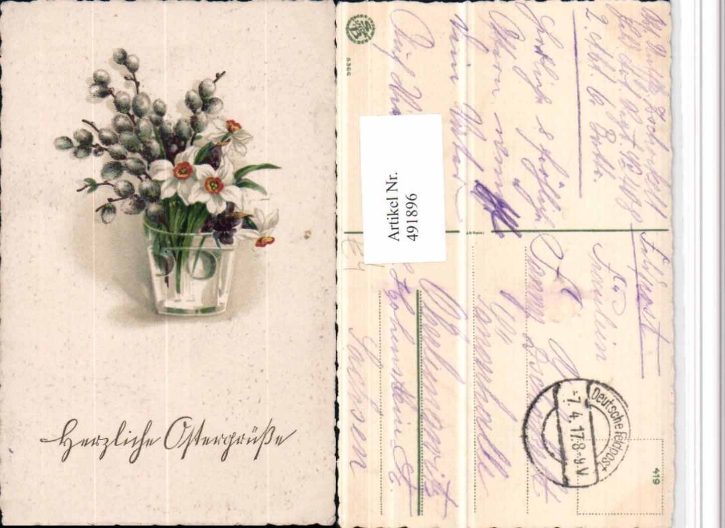 491896,Künstler AK Ostern Blumen Narzissen Palmkätzchen