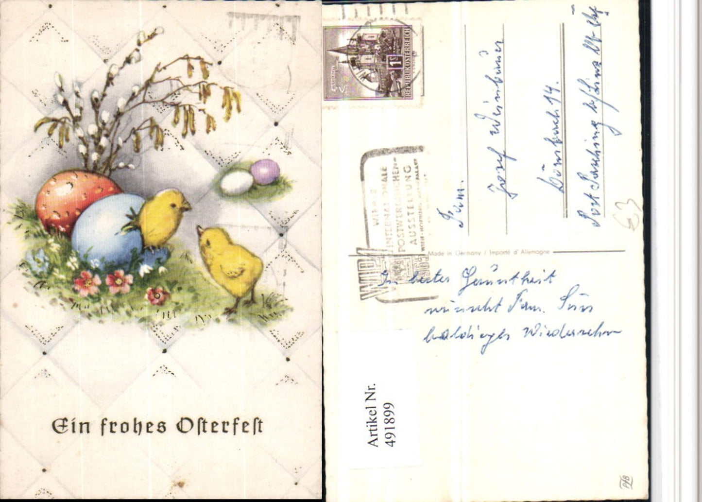 491899,Künstler AK Ostern Ostereier Küken Palmkätzchen