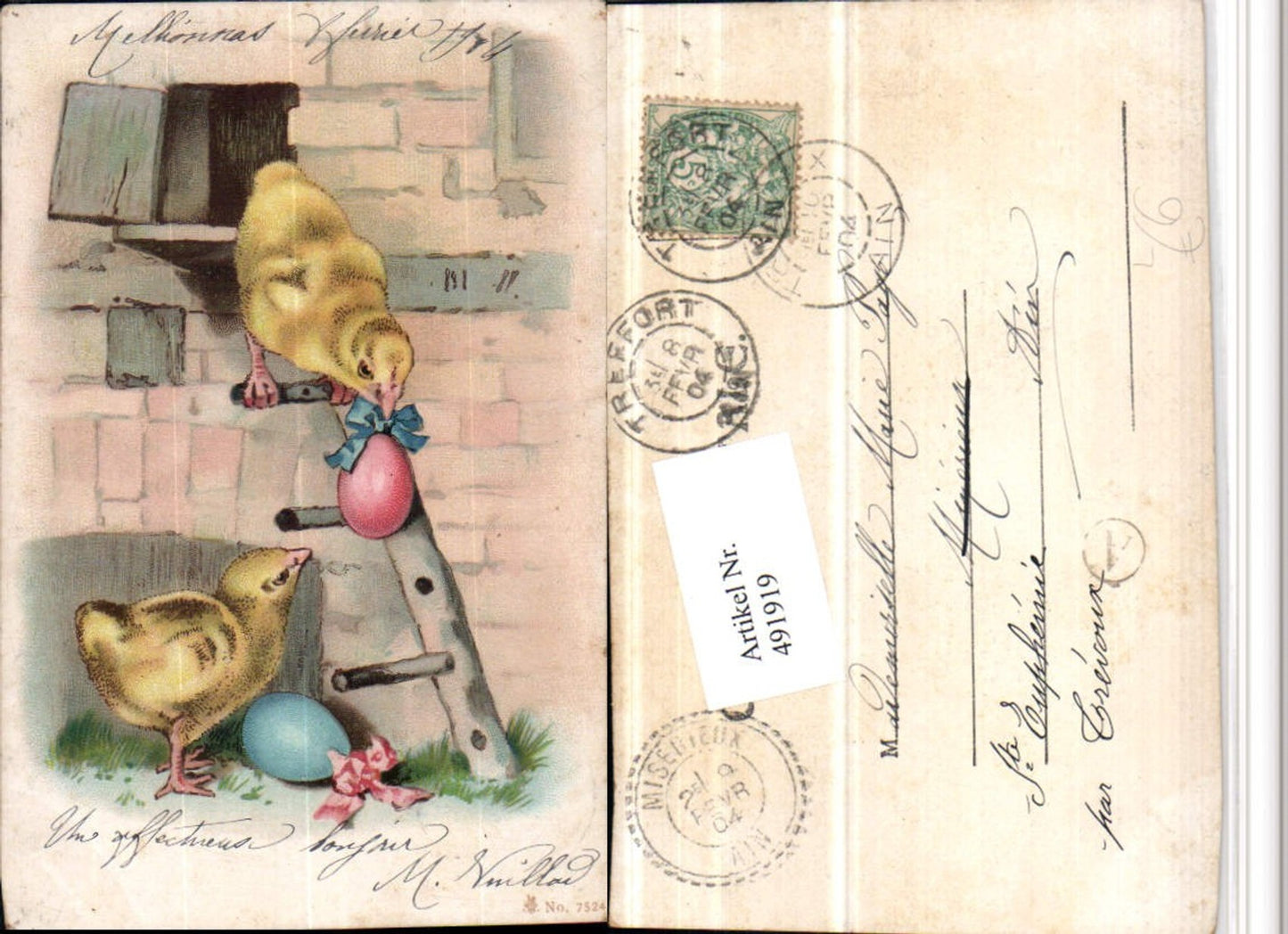 491919, Artist Lithograph Easter Chick Ladder Easter Eggs Eggs