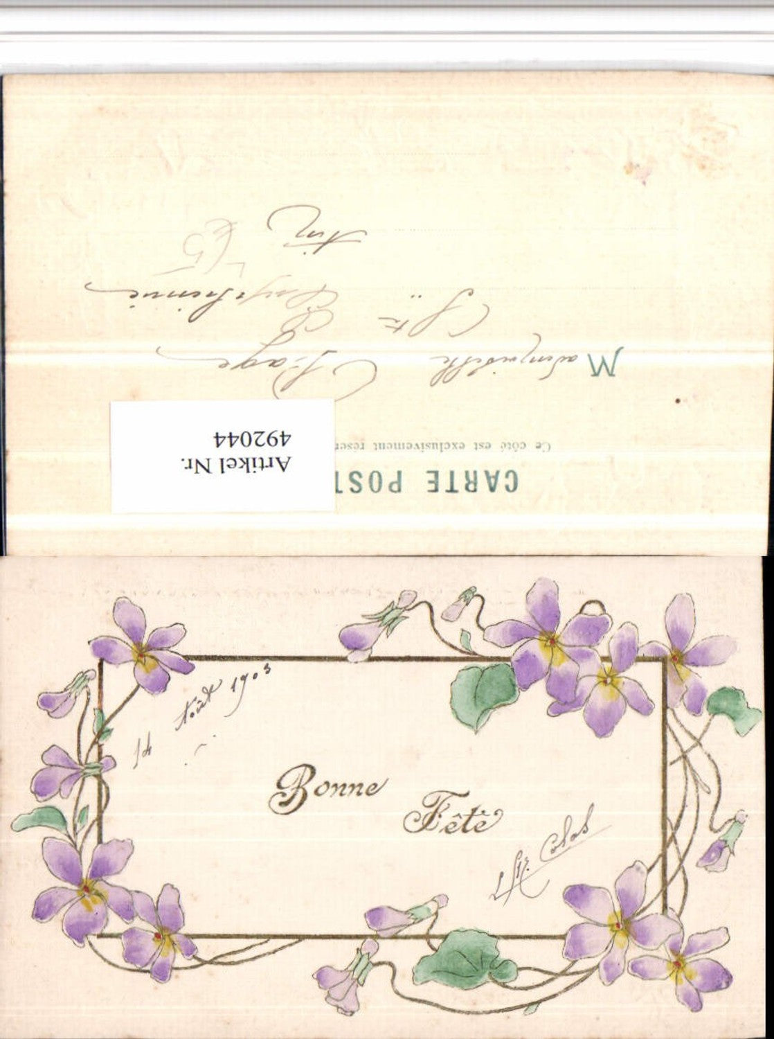 492044,Embossed Artist Lithograph Bonne Fete Violets Flowers